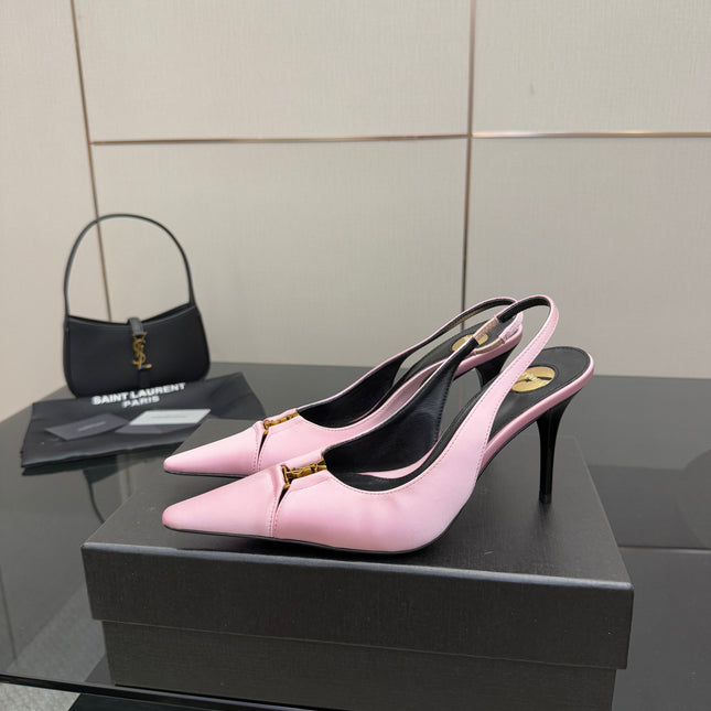 YSL 25S SLINGBACK HIGH HEELS 90 MM IN PINK SATIN WITH GOLD HARDWARE STYLE 17
