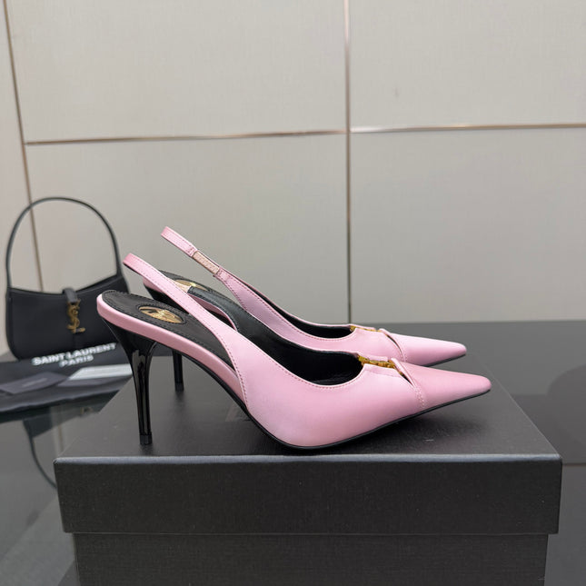 YSL 25S SLINGBACK HIGH HEELS 90 MM IN PINK SATIN WITH GOLD HARDWARE STYLE 17