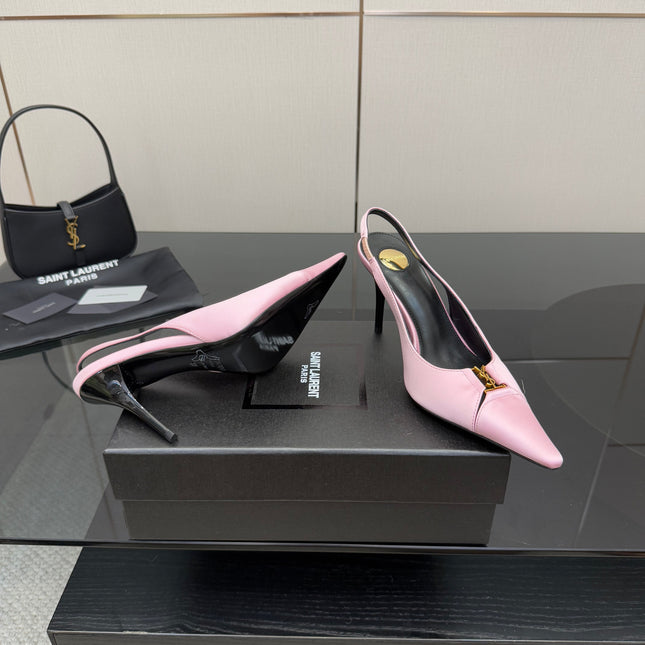 YSL 25S SLINGBACK HIGH HEELS 90 MM IN PINK SATIN WITH GOLD HARDWARE STYLE 17