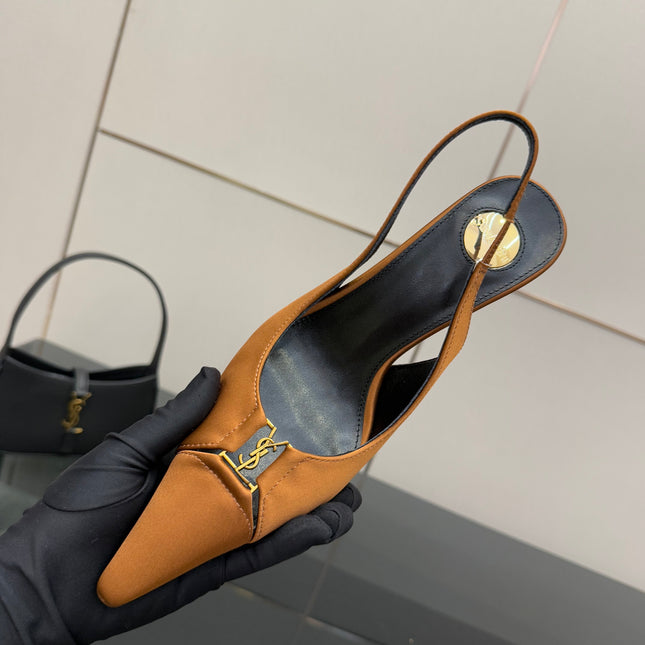YSL 25S SLINGBACK HIGH HEELS 90 MM IN DARK ORANGE SATIN WITH GOLD HARDWARE STYLE 16
