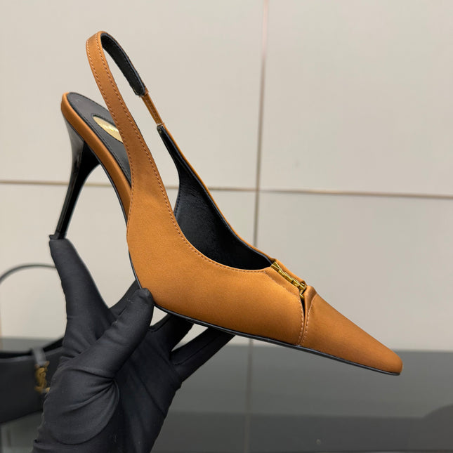 YSL 25S SLINGBACK HIGH HEELS 90 MM IN DARK ORANGE SATIN WITH GOLD HARDWARE STYLE 16