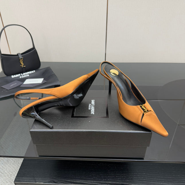 YSL 25S SLINGBACK HIGH HEELS 90 MM IN DARK ORANGE SATIN WITH GOLD HARDWARE STYLE 16
