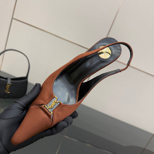 YSL 25S SLINGBACK HIGH HEELS 90 MM IN COGNAC BROWN SATIN WITH GOLD HARDWARE STYLE 15