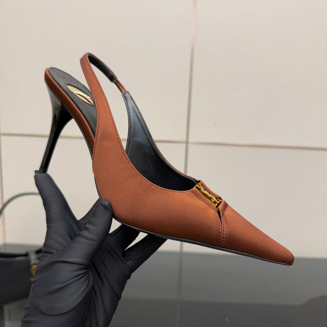 YSL 25S SLINGBACK HIGH HEELS 90 MM IN COGNAC BROWN SATIN WITH GOLD HARDWARE STYLE 15