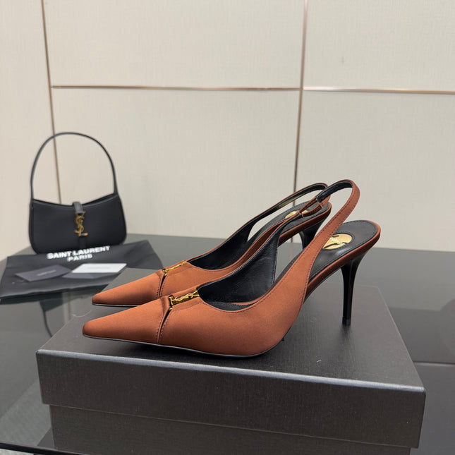 YSL 25S SLINGBACK HIGH HEELS 90 MM IN COGNAC BROWN SATIN WITH GOLD HARDWARE STYLE 15