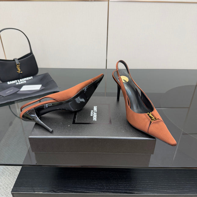 YSL 25S SLINGBACK HIGH HEELS 90 MM IN COGNAC BROWN SATIN WITH GOLD HARDWARE STYLE 15