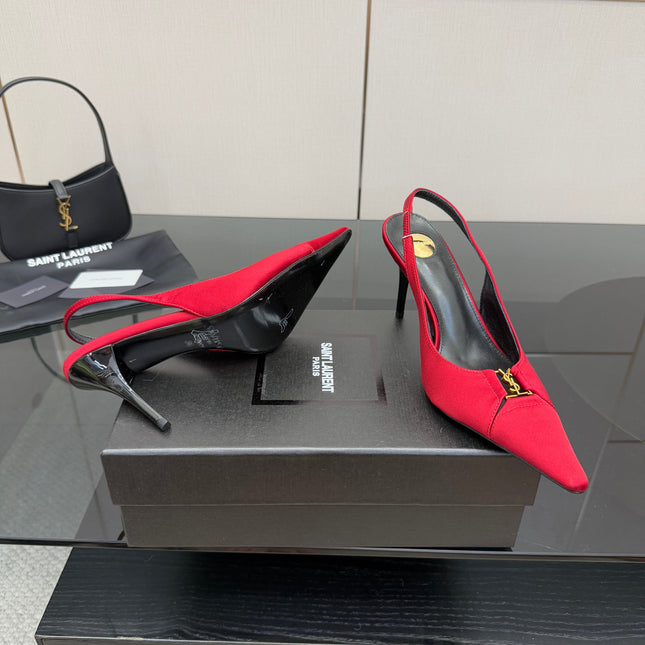 YSL 25S SLINGBACK HIGH HEELS 90 MM IN RED SATIN WITH GOLD HARDWARE STYLE 14