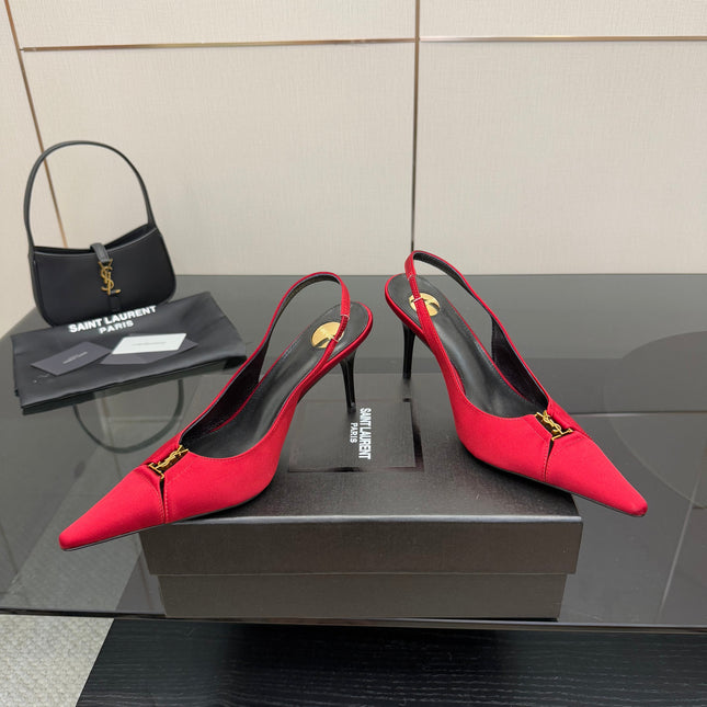 YSL 25S SLINGBACK HIGH HEELS 90 MM IN RED SATIN WITH GOLD HARDWARE STYLE 14