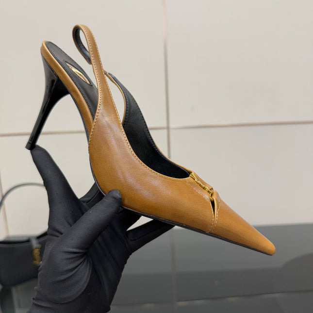 YSL 25S SLINGBACK HIGH HEELS 90 MM IN COPPER BROWN LAMBSKIN WITH GOLD HARDWARE STYLE 11