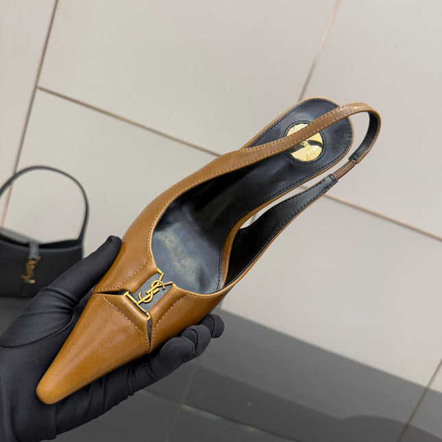 YSL 25S SLINGBACK HIGH HEELS 90 MM IN COPPER BROWN LAMBSKIN WITH GOLD HARDWARE STYLE 11