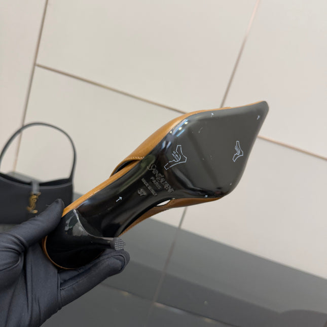 YSL 25S SLINGBACK HIGH HEELS 90 MM IN COPPER BROWN LAMBSKIN WITH GOLD HARDWARE STYLE 11