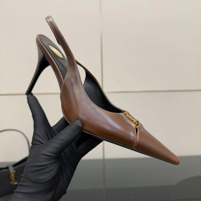 YSL 25S SLINGBACK HIGH HEELS 90 MM IN CHESTNUT BROWN LAMBSKIN WITH GOLD HARDWARE STYLE 12