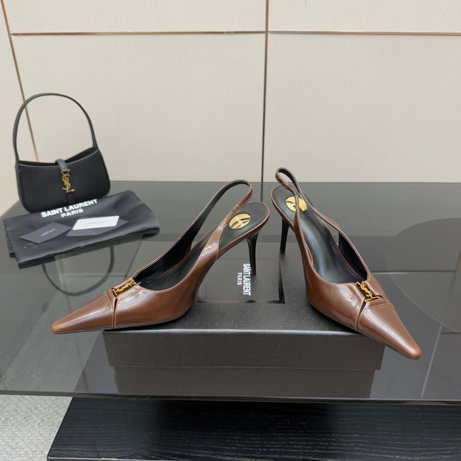 YSL 25S SLINGBACK HIGH HEELS 90 MM IN CHESTNUT BROWN LAMBSKIN WITH GOLD HARDWARE STYLE 12