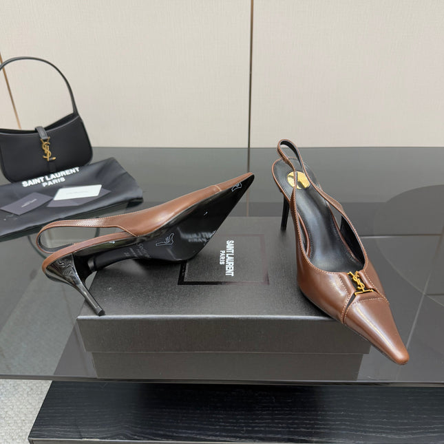 YSL 25S SLINGBACK HIGH HEELS 90 MM IN CHESTNUT BROWN LAMBSKIN WITH GOLD HARDWARE STYLE 12