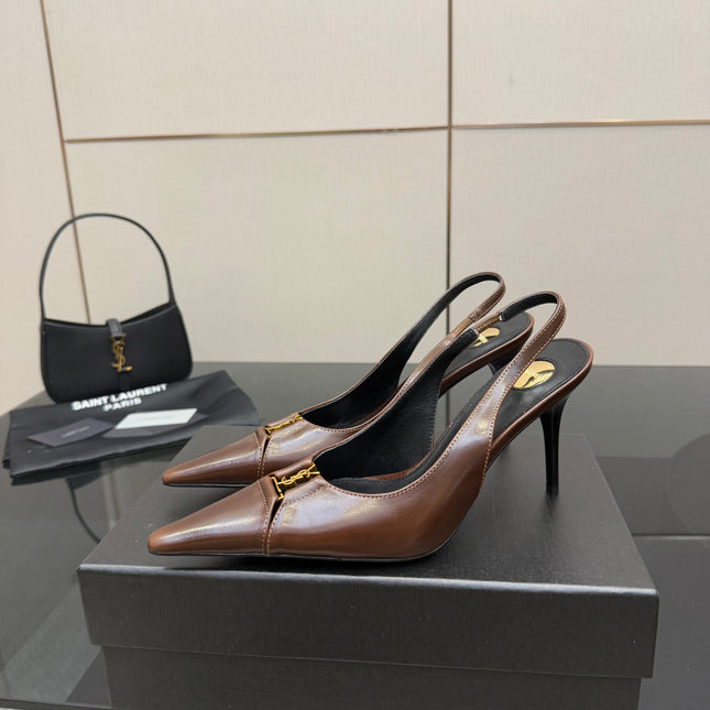 YSL 25S SLINGBACK HIGH HEELS 90 MM IN CHESTNUT BROWN LAMBSKIN WITH GOLD HARDWARE STYLE 12