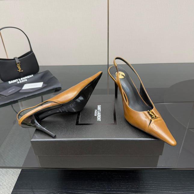 YSL 25S SLINGBACK HIGH HEELS 90 MM IN COPPER BROWN LAMBSKIN WITH GOLD HARDWARE STYLE 11