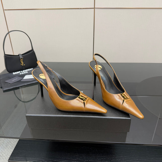 YSL 25S SLINGBACK HIGH HEELS 90 MM IN COPPER BROWN LAMBSKIN WITH GOLD HARDWARE STYLE 11