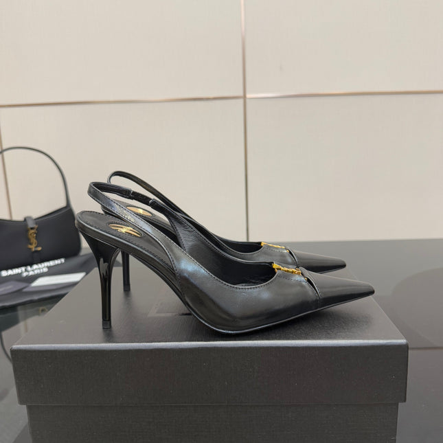 YSL 25S SLINGBACK HIGH HEELS 90 MM IN BLACK LAMBSKIN WITH GOLD HARDWARE STYLE 10