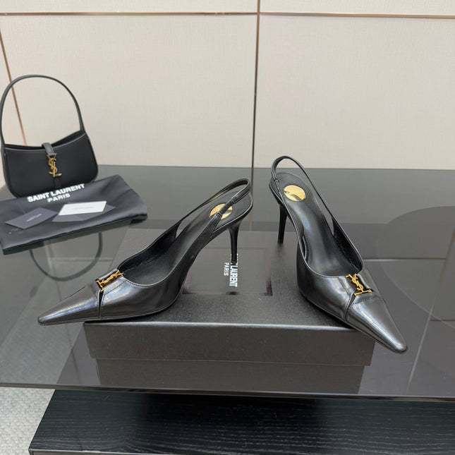 YSL 25S SLINGBACK HIGH HEELS 90 MM IN BLACK LAMBSKIN WITH GOLD HARDWARE STYLE 10