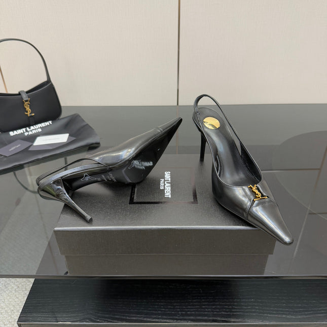 YSL 25S SLINGBACK HIGH HEELS 90 MM IN BLACK LAMBSKIN WITH GOLD HARDWARE STYLE 10