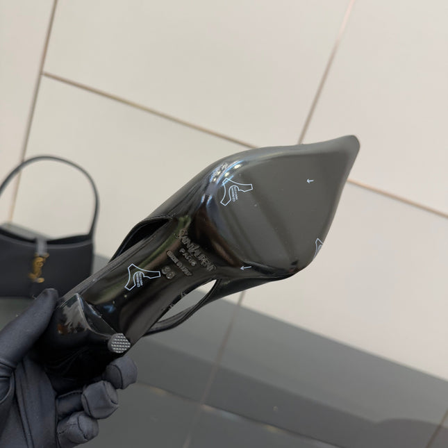 YSL 25S SLINGBACK HIGH HEELS 90 MM IN BLACK LAMBSKIN WITH GOLD HARDWARE STYLE 10