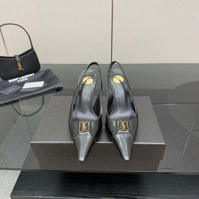 YSL 25S SLINGBACK HIGH HEELS 90 MM IN BLACK LAMBSKIN WITH GOLD HARDWARE STYLE 10