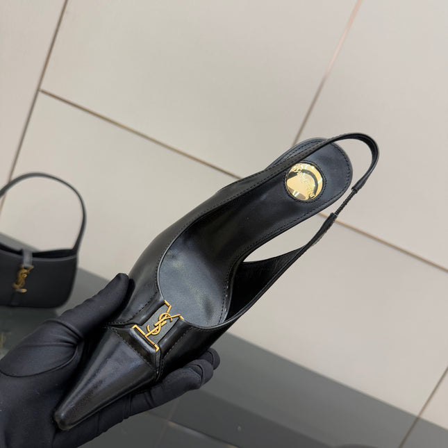 YSL 25S SLINGBACK HIGH HEELS 90 MM IN BLACK LAMBSKIN WITH GOLD HARDWARE STYLE 10
