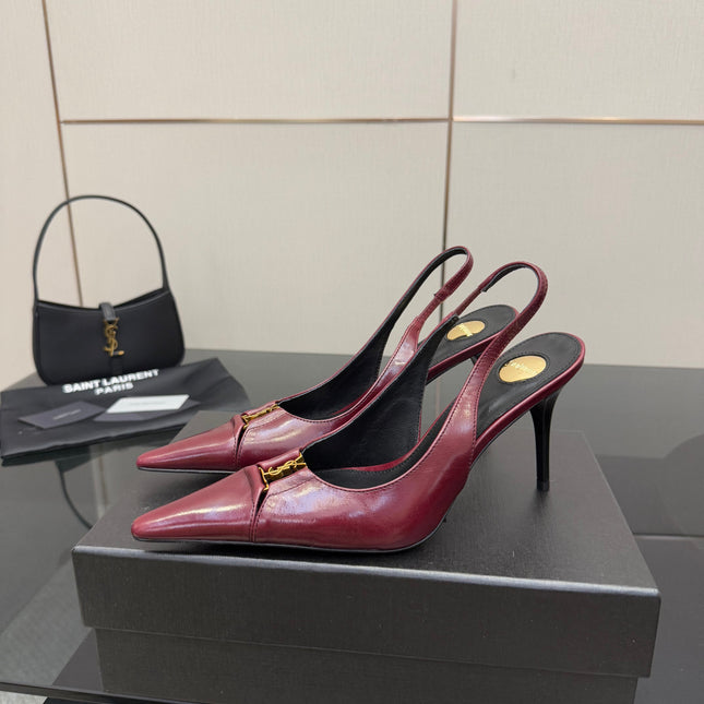 YSL 25S SLINGBACK HIGH HEELS 90 MM IN DARK RED LAMBSKIN WITH GOLD HARDWARE STYLE 9