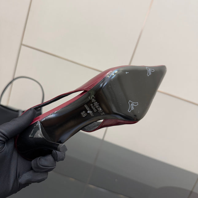 YSL 25S SLINGBACK HIGH HEELS 90 MM IN DARK RED LAMBSKIN WITH GOLD HARDWARE STYLE 9