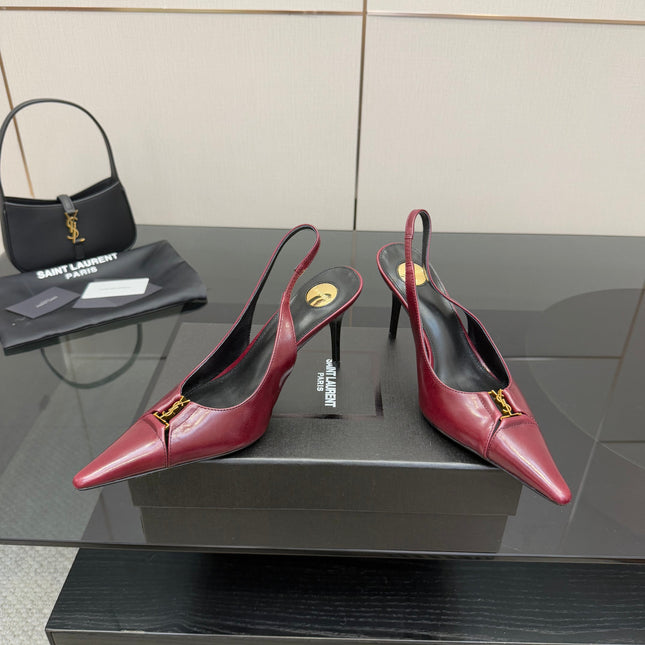 YSL 25S SLINGBACK HIGH HEELS 90 MM IN DARK RED LAMBSKIN WITH GOLD HARDWARE STYLE 9