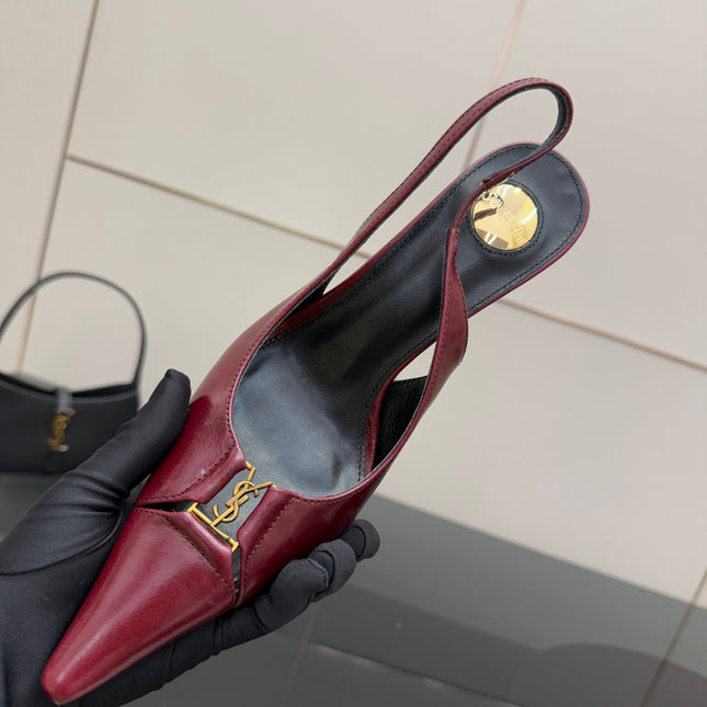 YSL 25S SLINGBACK HIGH HEELS 90 MM IN DARK RED LAMBSKIN WITH GOLD HARDWARE STYLE 9