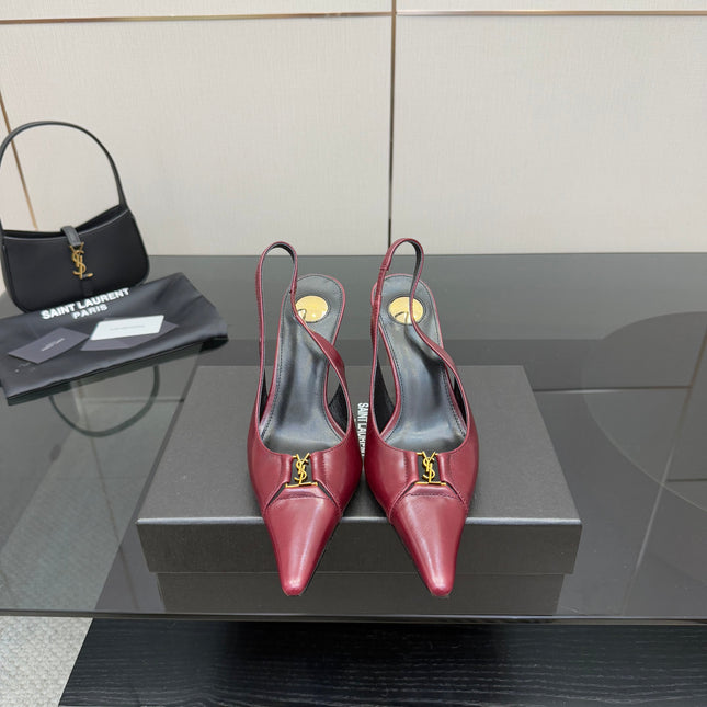 YSL 25S SLINGBACK HIGH HEELS 90 MM IN DARK RED LAMBSKIN WITH GOLD HARDWARE STYLE 9