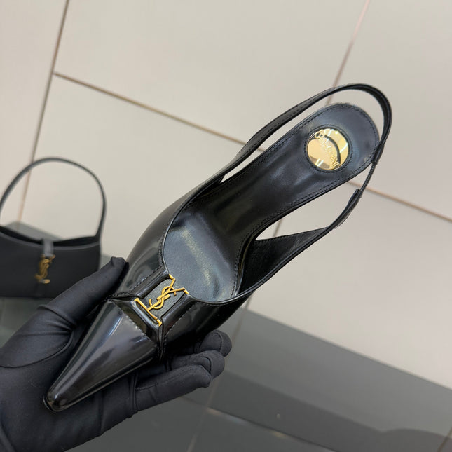 YSL 25S SLINGBACK HIGH HEELS 90 MM IN BLACK LAMBSKIN WITH GOLD HARDWARE STYLE 8