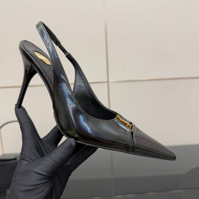 YSL 25S SLINGBACK HIGH HEELS 90 MM IN BLACK LAMBSKIN WITH GOLD HARDWARE STYLE 8