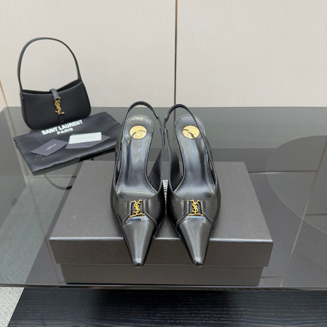 YSL 25S SLINGBACK HIGH HEELS 90 MM IN BLACK LAMBSKIN WITH GOLD HARDWARE STYLE 8