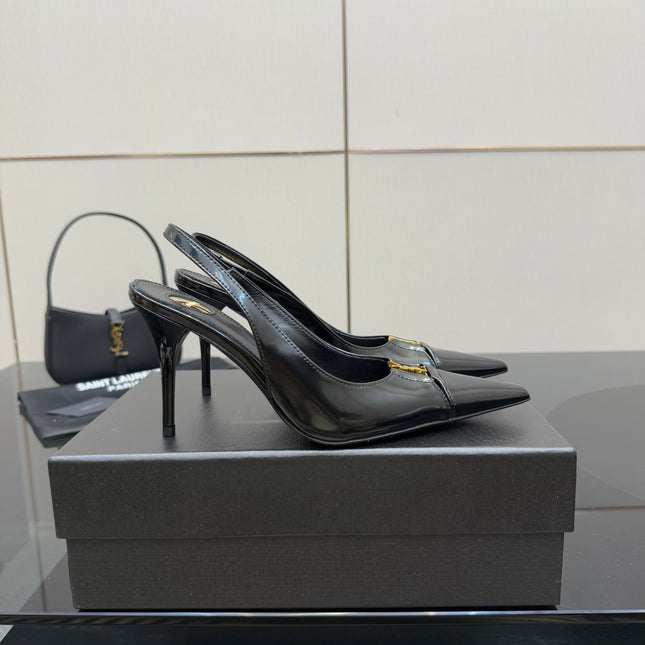 YSL 25S SLINGBACK HIGH HEELS 90 MM IN BLACK LAMBSKIN WITH GOLD HARDWARE STYLE 8