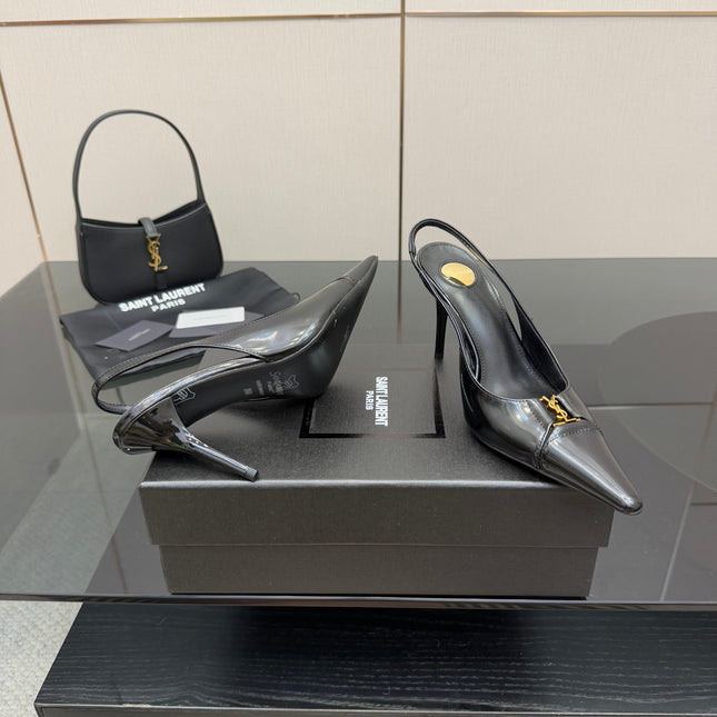 YSL 25S SLINGBACK HIGH HEELS 90 MM IN BLACK LAMBSKIN WITH GOLD HARDWARE STYLE 8