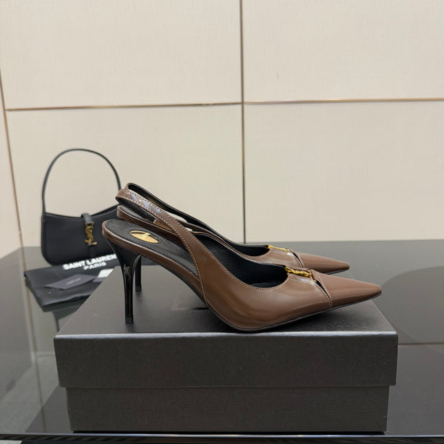 YSL 25S SLINGBACK HIGH HEELS 90 MM IN CHOCOLATE BROWN LAMBSKIN WITH GOLD HARDWARE YSL 25S SLINGBACK HIGH HEELS 90 MM IN CHOCOLATE BROWN LAMBSKIN WITH GOLD HARDWARE STYLE 7