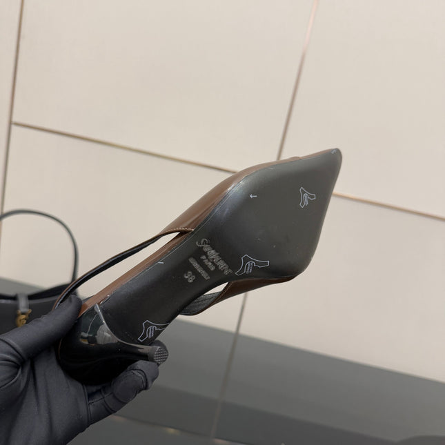 YSL 25S SLINGBACK HIGH HEELS 90 MM IN CHOCOLATE BROWN LAMBSKIN WITH GOLD HARDWARE YSL 25S SLINGBACK HIGH HEELS 90 MM IN CHOCOLATE BROWN LAMBSKIN WITH GOLD HARDWARE STYLE 7