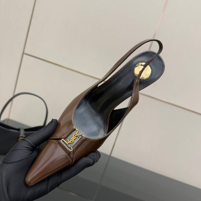 YSL 25S SLINGBACK HIGH HEELS 90 MM IN CHOCOLATE BROWN LAMBSKIN WITH GOLD HARDWARE YSL 25S SLINGBACK HIGH HEELS 90 MM IN CHOCOLATE BROWN LAMBSKIN WITH GOLD HARDWARE STYLE 7