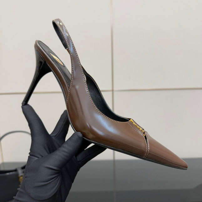 YSL 25S SLINGBACK HIGH HEELS 90 MM IN CHOCOLATE BROWN LAMBSKIN WITH GOLD HARDWARE YSL 25S SLINGBACK HIGH HEELS 90 MM IN CHOCOLATE BROWN LAMBSKIN WITH GOLD HARDWARE STYLE 7