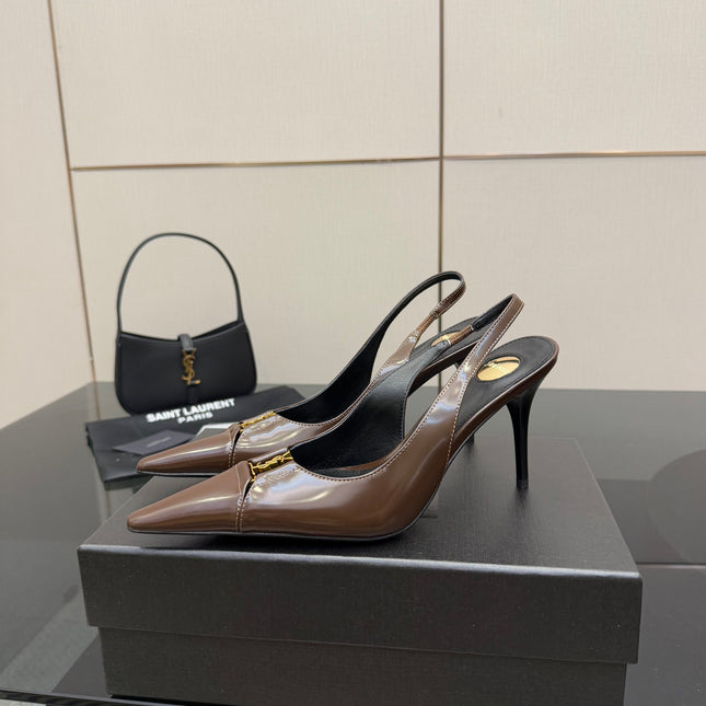 YSL 25S SLINGBACK HIGH HEELS 90 MM IN CHOCOLATE BROWN LAMBSKIN WITH GOLD HARDWARE YSL 25S SLINGBACK HIGH HEELS 90 MM IN CHOCOLATE BROWN LAMBSKIN WITH GOLD HARDWARE STYLE 7