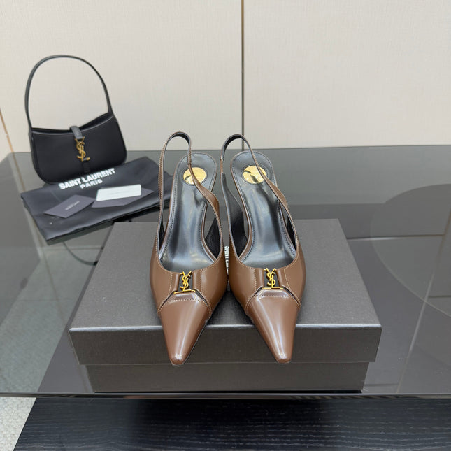 YSL 25S SLINGBACK HIGH HEELS 90 MM IN CHOCOLATE BROWN LAMBSKIN WITH GOLD HARDWARE YSL 25S SLINGBACK HIGH HEELS 90 MM IN CHOCOLATE BROWN LAMBSKIN WITH GOLD HARDWARE STYLE 7