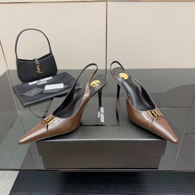YSL 25S SLINGBACK HIGH HEELS 90 MM IN CHOCOLATE BROWN LAMBSKIN WITH GOLD HARDWARE YSL 25S SLINGBACK HIGH HEELS 90 MM IN CHOCOLATE BROWN LAMBSKIN WITH GOLD HARDWARE STYLE 7