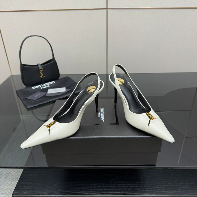 YSL 25S SLINGBACK HIGH HEELS 90 MM IN WHITE LAMBSKIN WITH GOLD HARDWARE STYLE 6