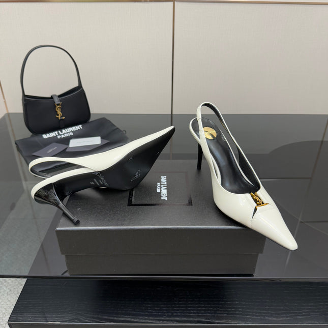YSL 25S SLINGBACK HIGH HEELS 90 MM IN WHITE LAMBSKIN WITH GOLD HARDWARE STYLE 6