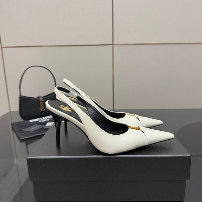 YSL 25S SLINGBACK HIGH HEELS 90 MM IN WHITE LAMBSKIN WITH GOLD HARDWARE STYLE 6