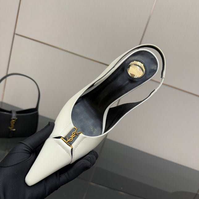 YSL 25S SLINGBACK HIGH HEELS 90 MM IN WHITE LAMBSKIN WITH GOLD HARDWARE STYLE 6