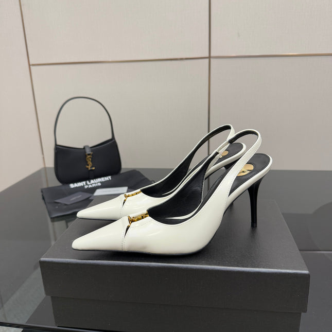YSL 25S SLINGBACK HIGH HEELS 90 MM IN WHITE LAMBSKIN WITH GOLD HARDWARE STYLE 6
