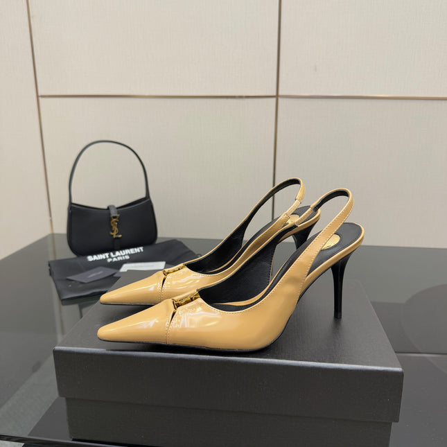 YSL 25S SLINGBACK HIGH HEELS 90 MM IN DARK BEIGE LAMBSKIN WITH GOLD HARDWARE STYLE 5